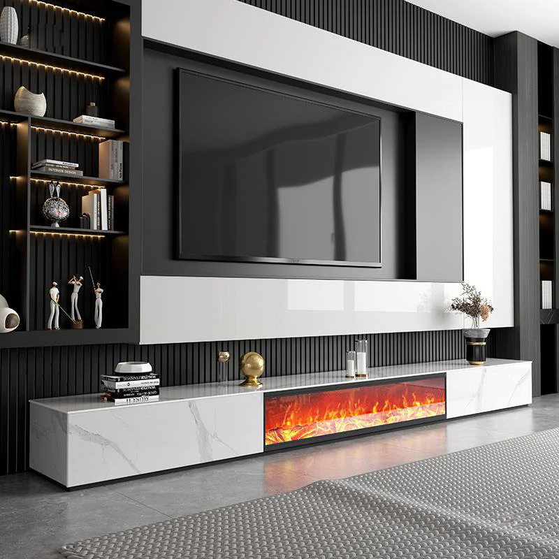 White Modern Marble Tv Unit With Electric Fireplace