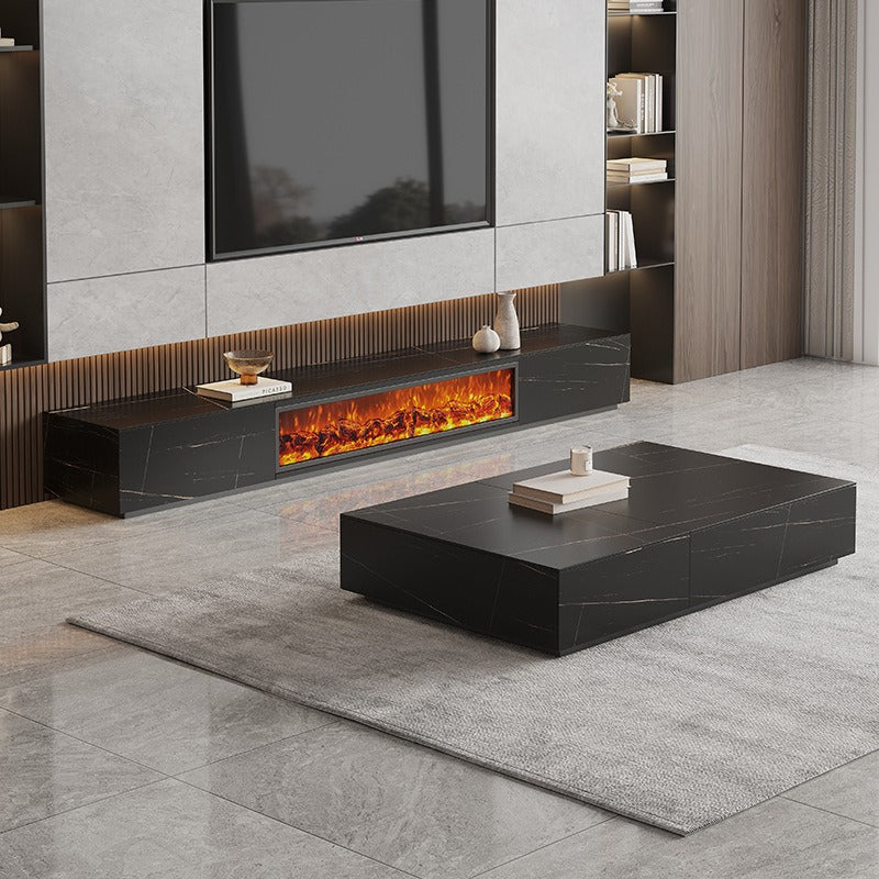 Modern High Stone TV Unit with Electric Fireplace and Drawers - Black-Gold