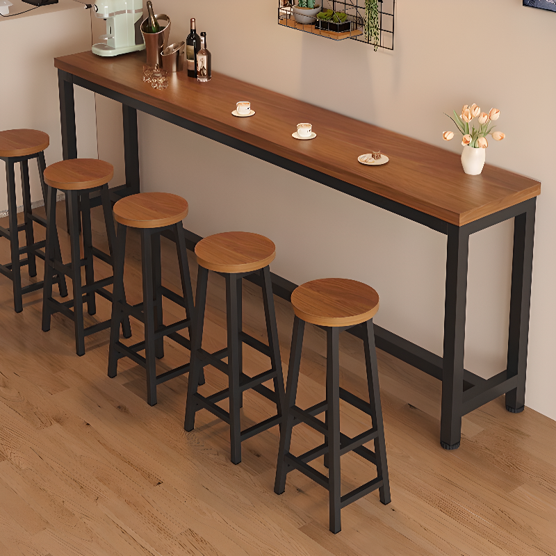Modern Pub Table with Cocoa Timber Top and Trestle Base, Featuring Rectangle Shape and Foot Platform