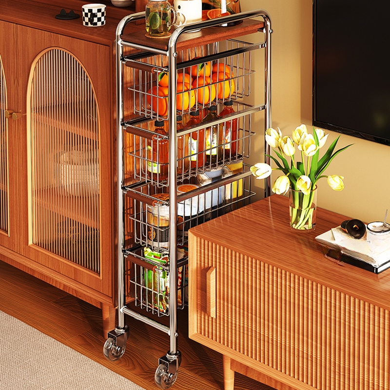 Metallic Trendy Cabinet Storage Shelf Rack with Roller Wheels, Shelves, Wire Frame, Vertical Installation