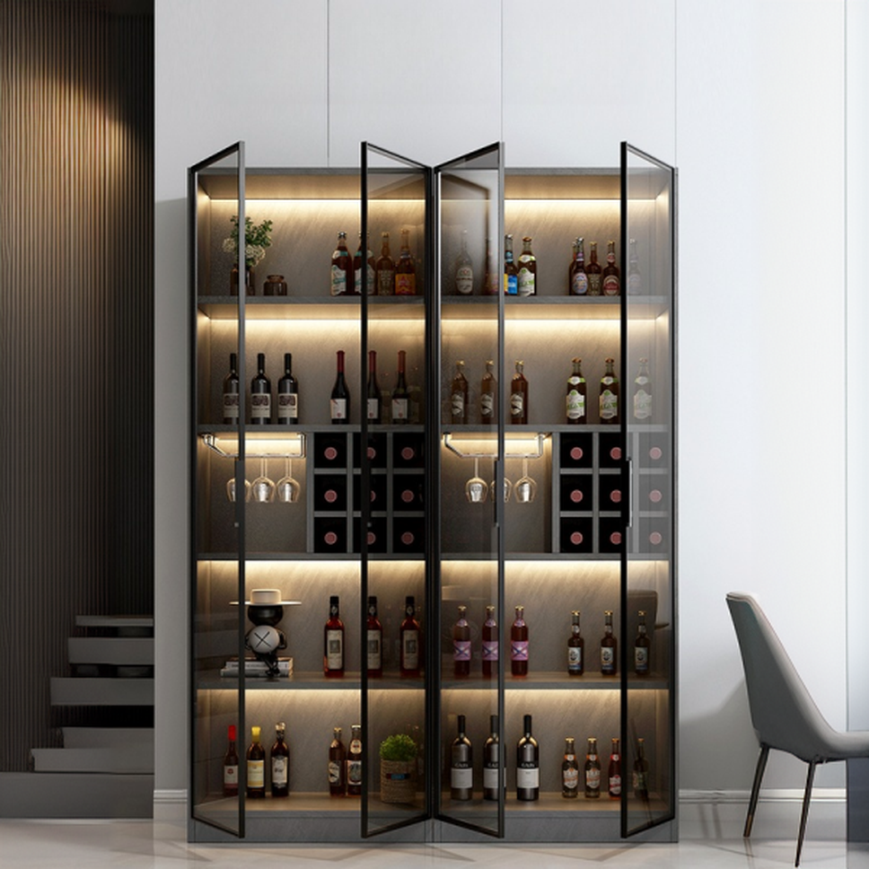 Unfixed Wine Cabinet with Shelf and Glass Doors