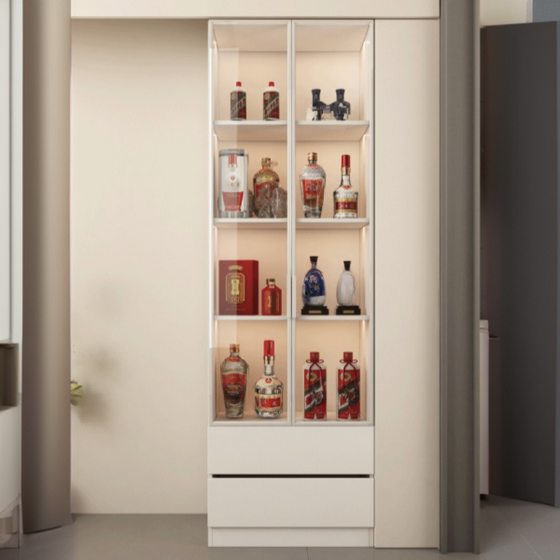 Chalk Trendy Engineered Wood Wine Cabinet with Shelf and Glass Doors
