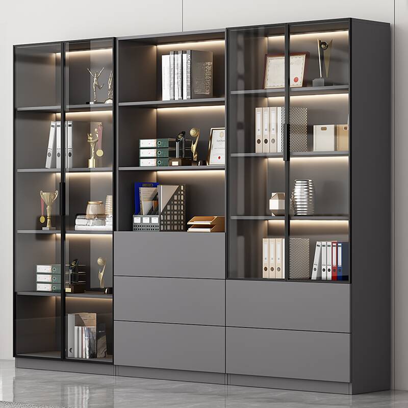 Dark Gray Modish Reclaimed Wood Office Console Cabinet with Watertight Shelf Unit and Clear View Doors, 3-Wide/1-Wide