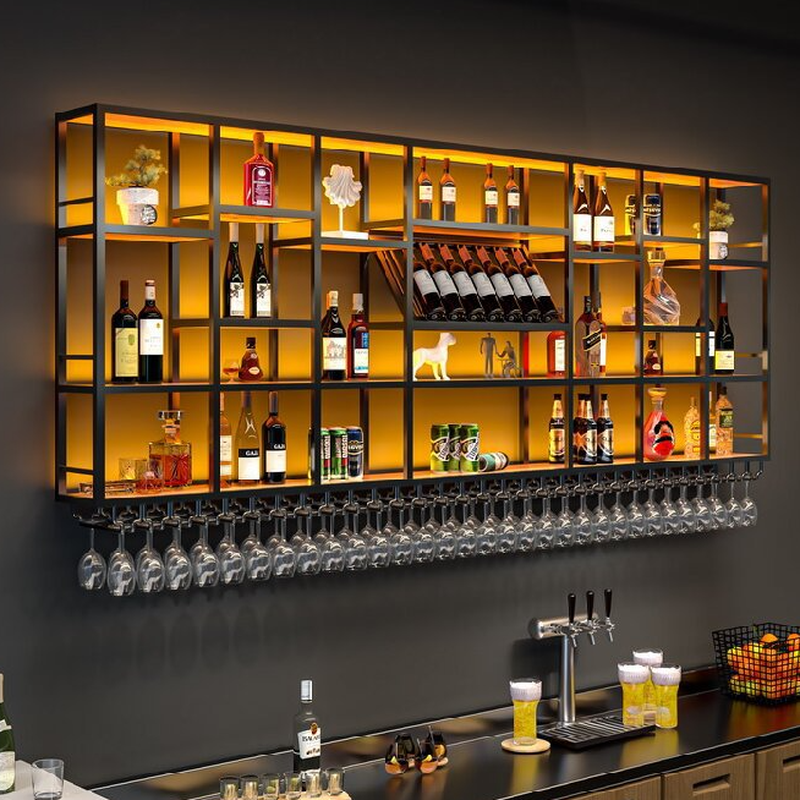 Glamorous Metal Floating Wine Bottle & Glass Rack with Shelf