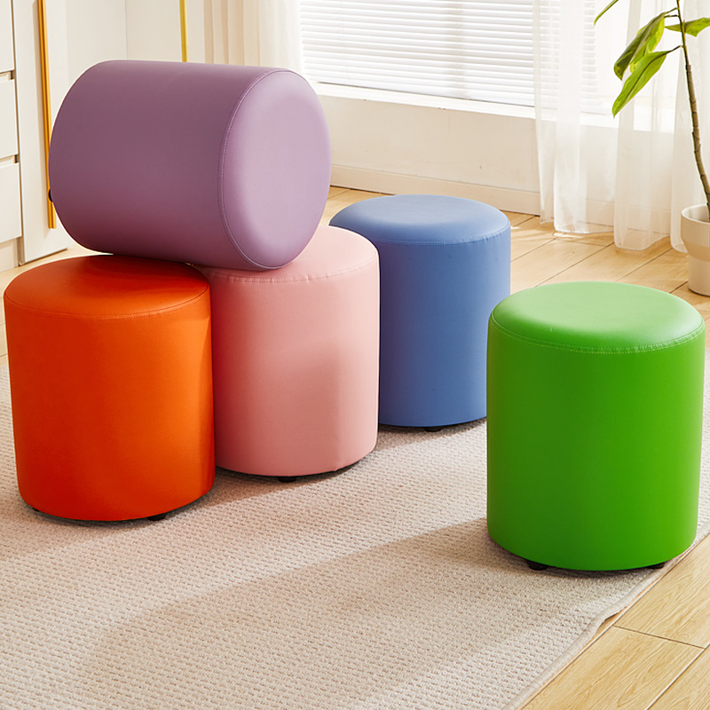 Modern Circular-shaped Solid Colour Standard Ottoman in Faux Leather with Eggplant Colour/Azure/Orange