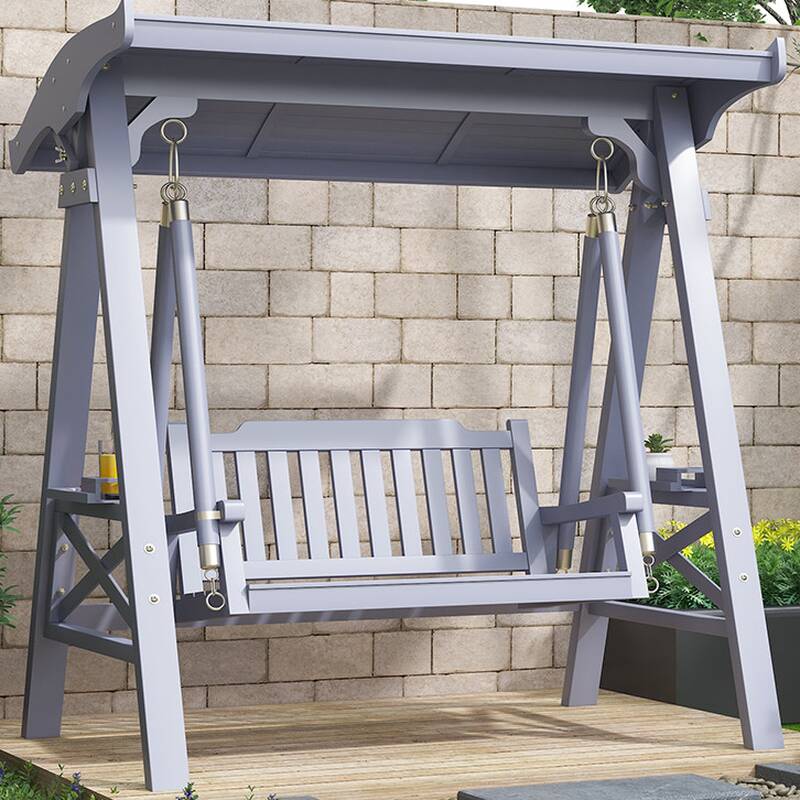 Grey/Cocoa Porch Swing with Stand for 2-seater, Scratch Resistant Rubberwood with Canopy and Stand