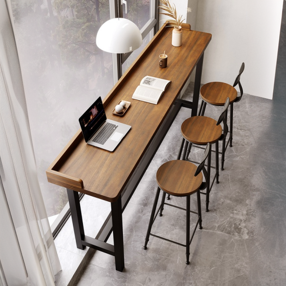 Modern Pub Table with Timber Top and Trestle Base in Cocoa, Rectangular with Foot Platform