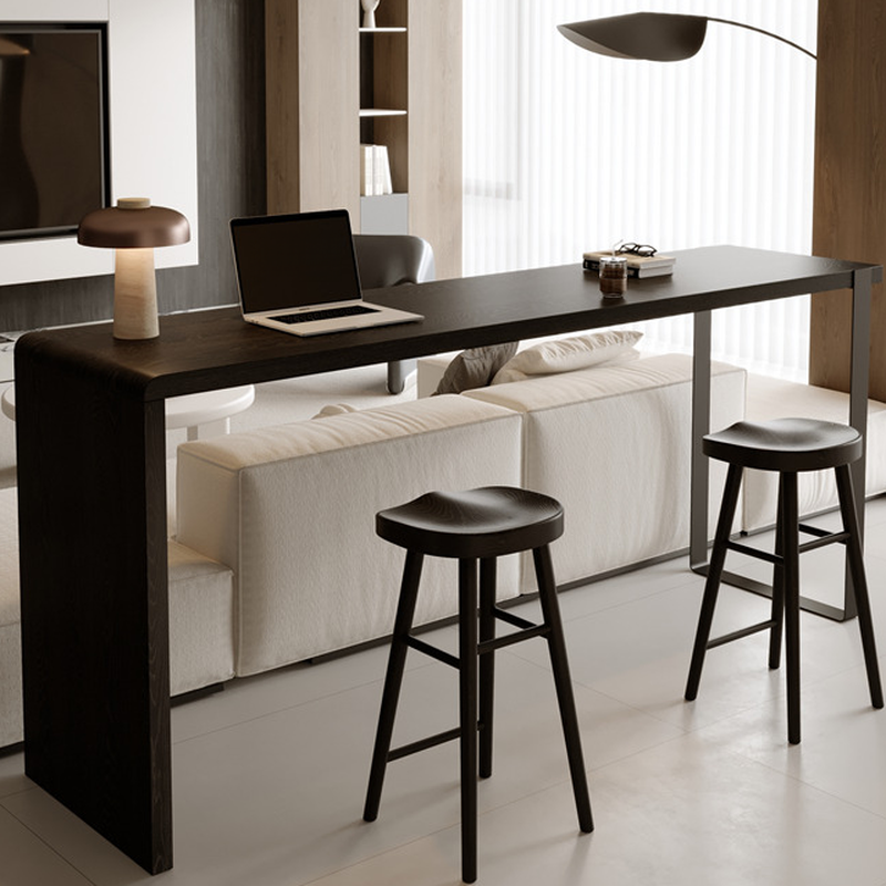 Modern Fixed Pub Table with Timber Top and Twin Support Base in Midnight Black, Rectangle Shape