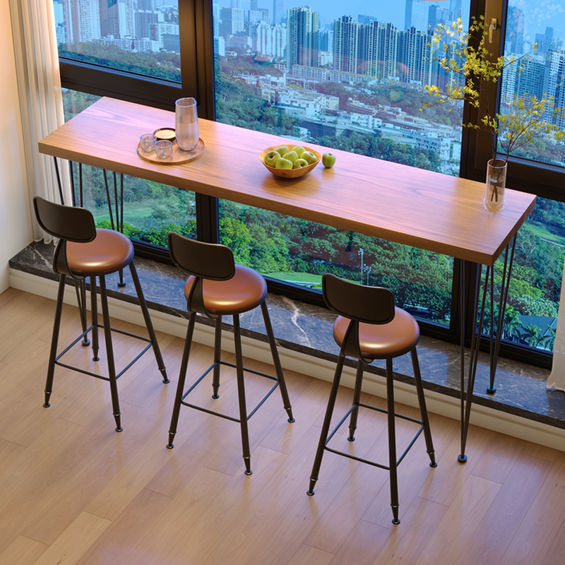 Modern Pub Table with Pine Wood Top, Four Legs, Tan Finish, and Rectangular Shape