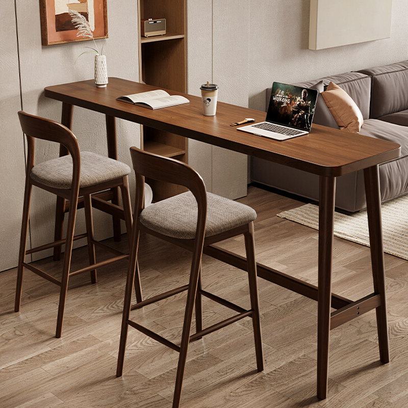 Modern Sofa Bar Table with Natural Wood Top and Trestle Base in Cocoa Rectangle with Foot Platform