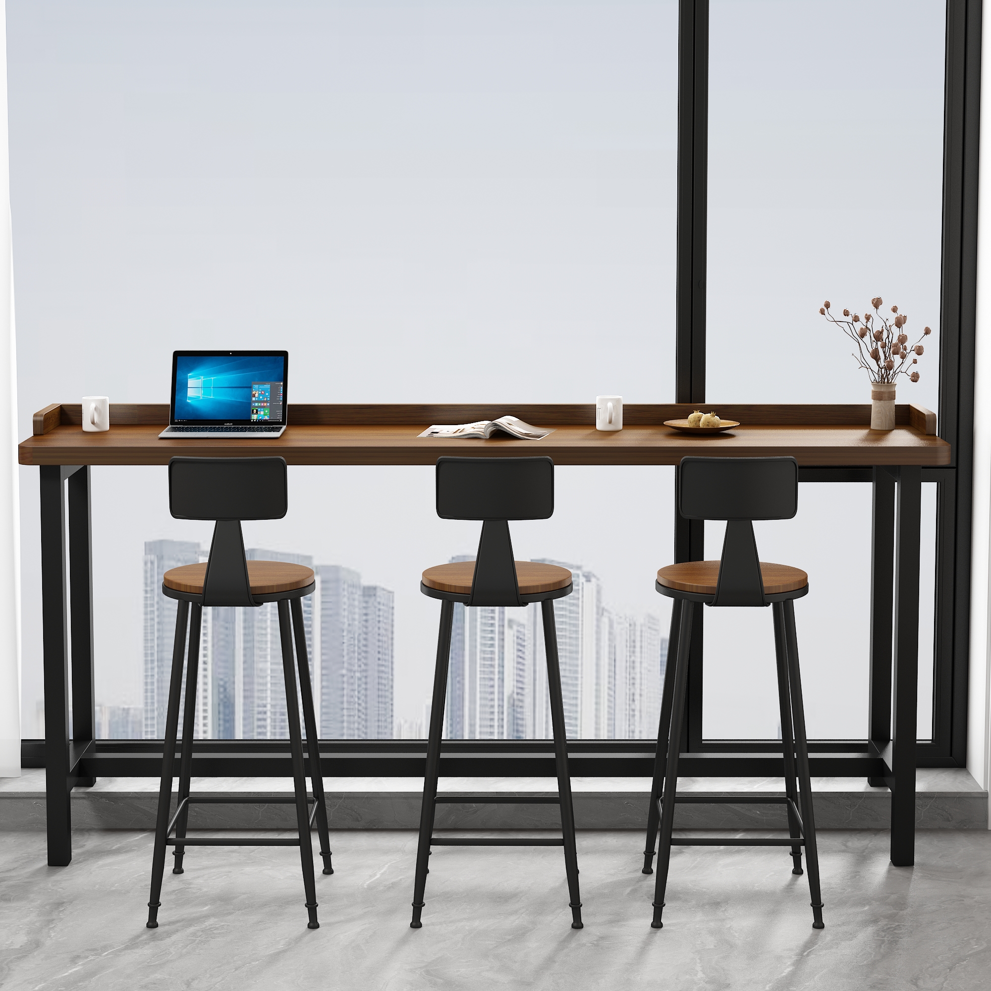 Modern Pub Table with Timber Top and Trestle Base in Cocoa, Rectangle Shape with Foot Platform