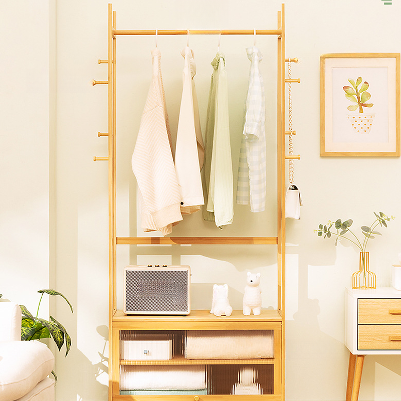 Natural Colour Bamboo Coat Rack with Cabinet and Door in a Modish Style