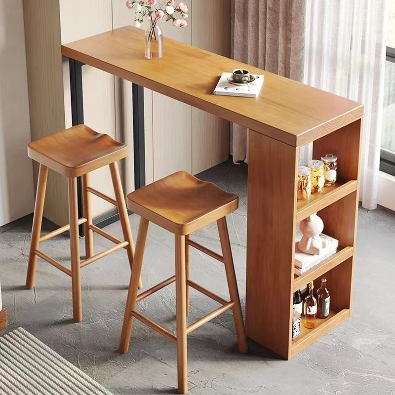 Modern Pub Table with Pine Wood Top and Twin Support Base in Unfinished Colour with Stockroom Storage, Rectangle Shape