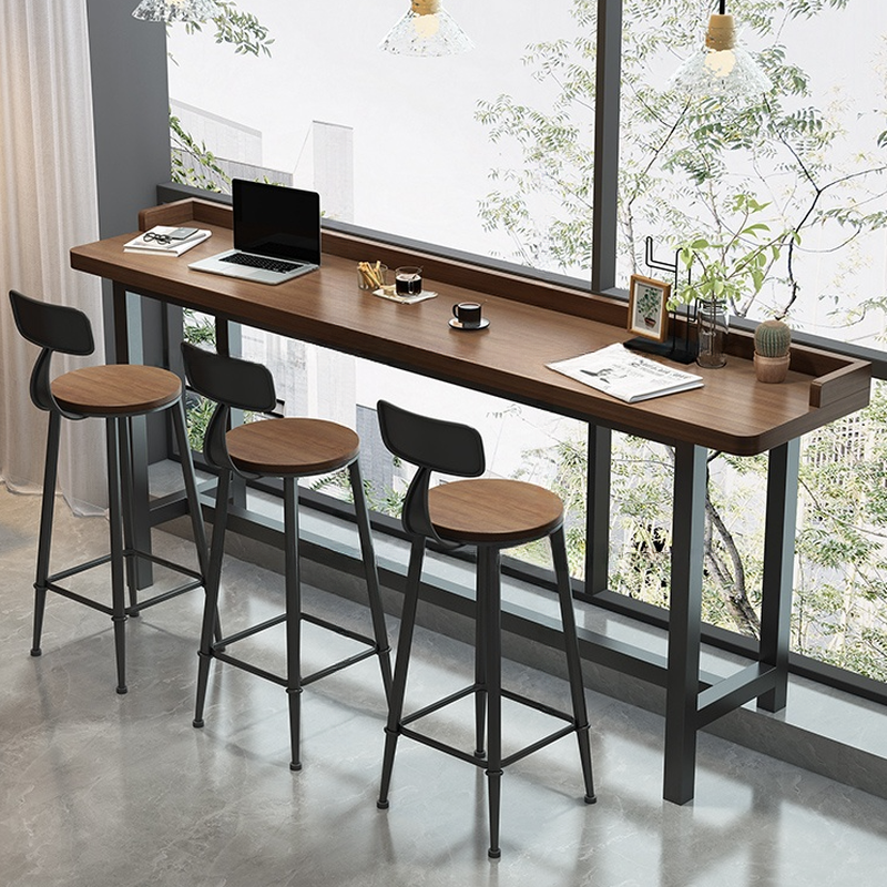 Modern Pub Table with Pine Wood Top and Trestle Base in Cocoa, Rectangle Shape with Foot Platform
