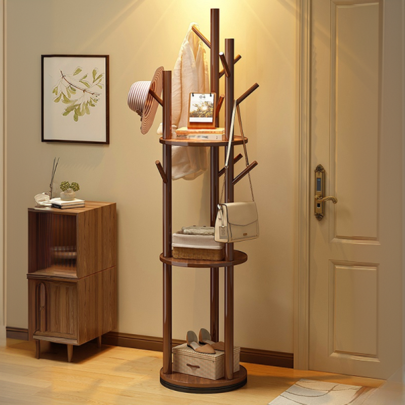 Minimalist Free Standing Hall Tree with 3 Shelves, Manufactured Wood Frame, Accessible Storage, and Wood Hook