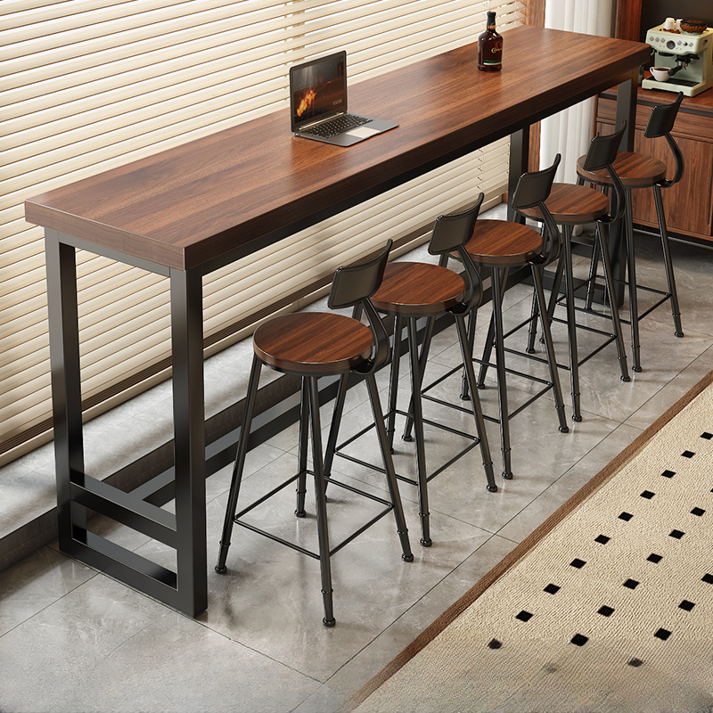 Modern Pub Table with Timber Top and Trestle Base in Midnight Black/Gray/Chalk, Rectangular with Foot Platform