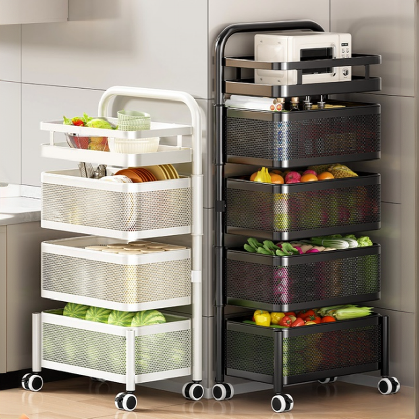 Trendy Swivel Metal Cabinet Storage Shelf Rack with Roller Wheels in Vertical Design