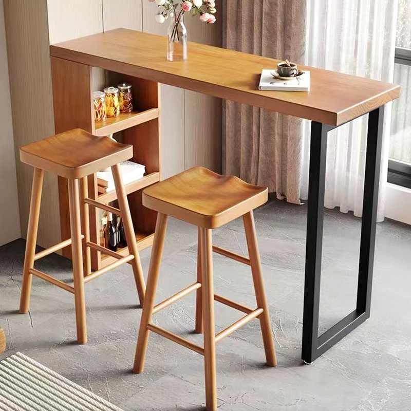 Modern Pub Table with Pine Wood Top and Twin Support Base in Unfinished Colour, Featuring Stockroom Storage and Rectangle Shape