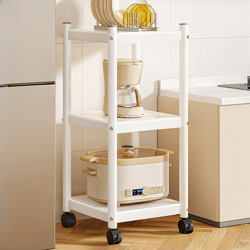 White Casual Swivel Cabinet Storage Shelf Rack with Roller Wheels and 5 Floating Shelves in Metal Vertical Design