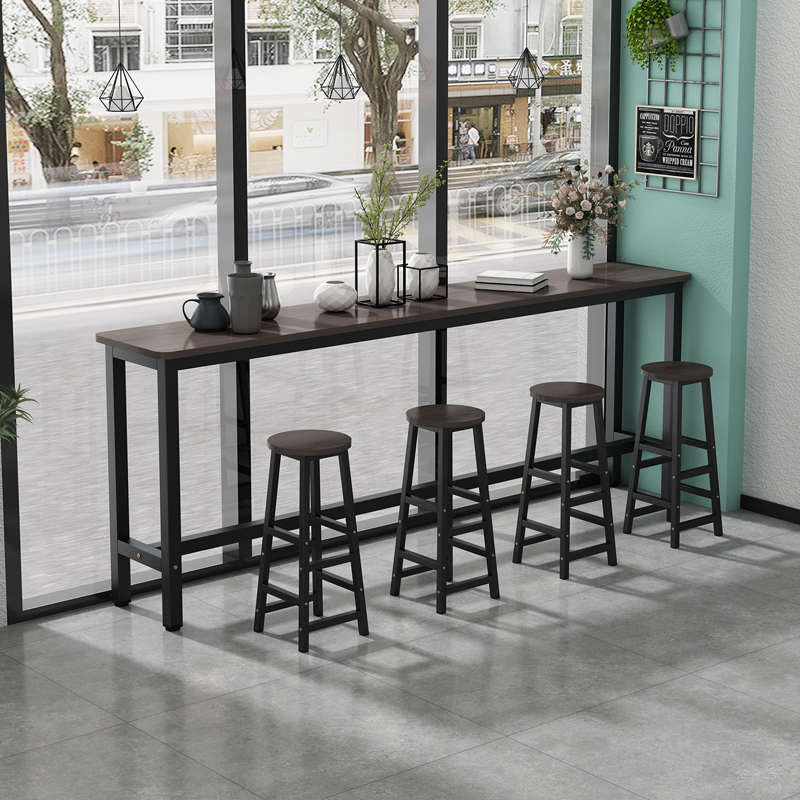 Modern Pub Table with Engineered Wood Top and Trestle Base in Taupe Rectangle with Foot Platform