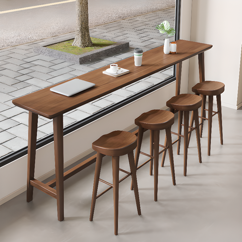 Modern Pub Table with Natural Wood Top and Trestle Base in Cocoa Rectangle with Foot Platform