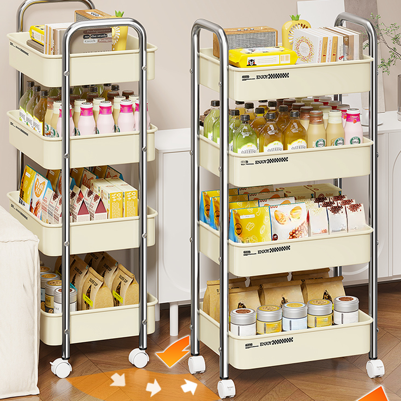 Trendy Swivel Cabinet Storage Shelf Rack with Roller Wheels, Metal Frame, and Vertical Installation