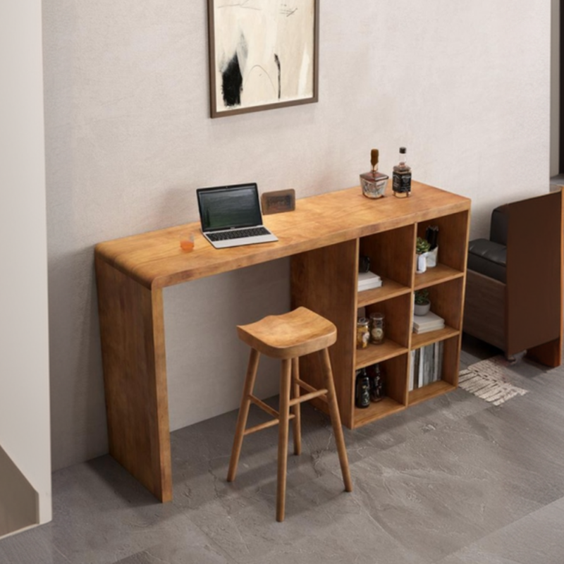 Modern Pub Table with Pine Wood Top and Immobile Pedestal in Unfinished Colour, Featuring Stockroom Storage and Rectangular Shape