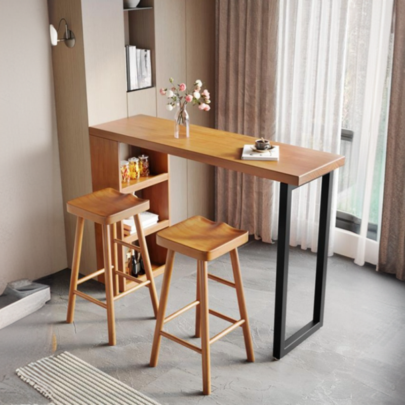 Modern Pub Table with Timber Top, Twin Support Base, Tan Colour, and Stockroom Storage in Rectangle