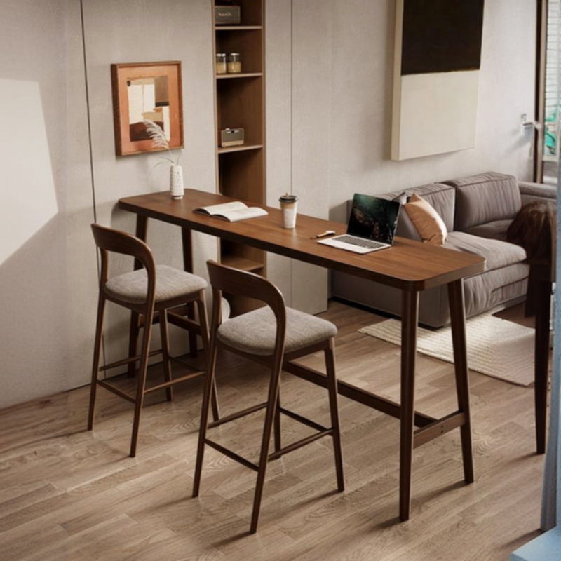 Modern Pub Table with Pine Wood Top and Cocoa Rectangle Trestle Base Featuring Foot Platform