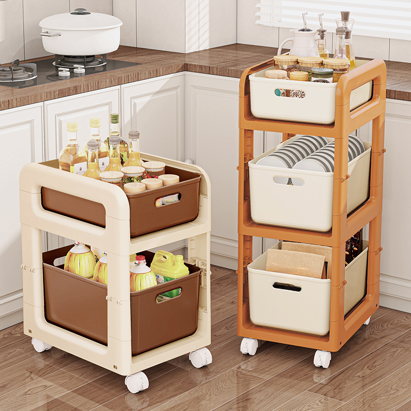 Trendy Swivel Cabinet Storage Shelf Rack with Roller Wheels, Polymer Compound Frame, and Vertical Installation