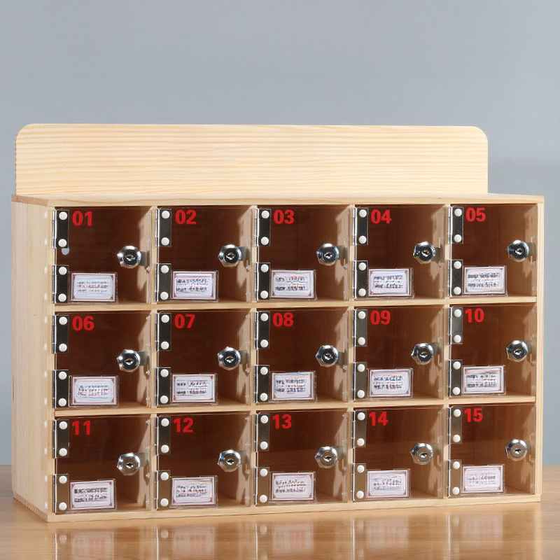 Wood Grain Lumber 6 or More Tier Cell Phone Lockers with Key Locking and Clear Doors, 10 or More Compartments, 5-Wide or More