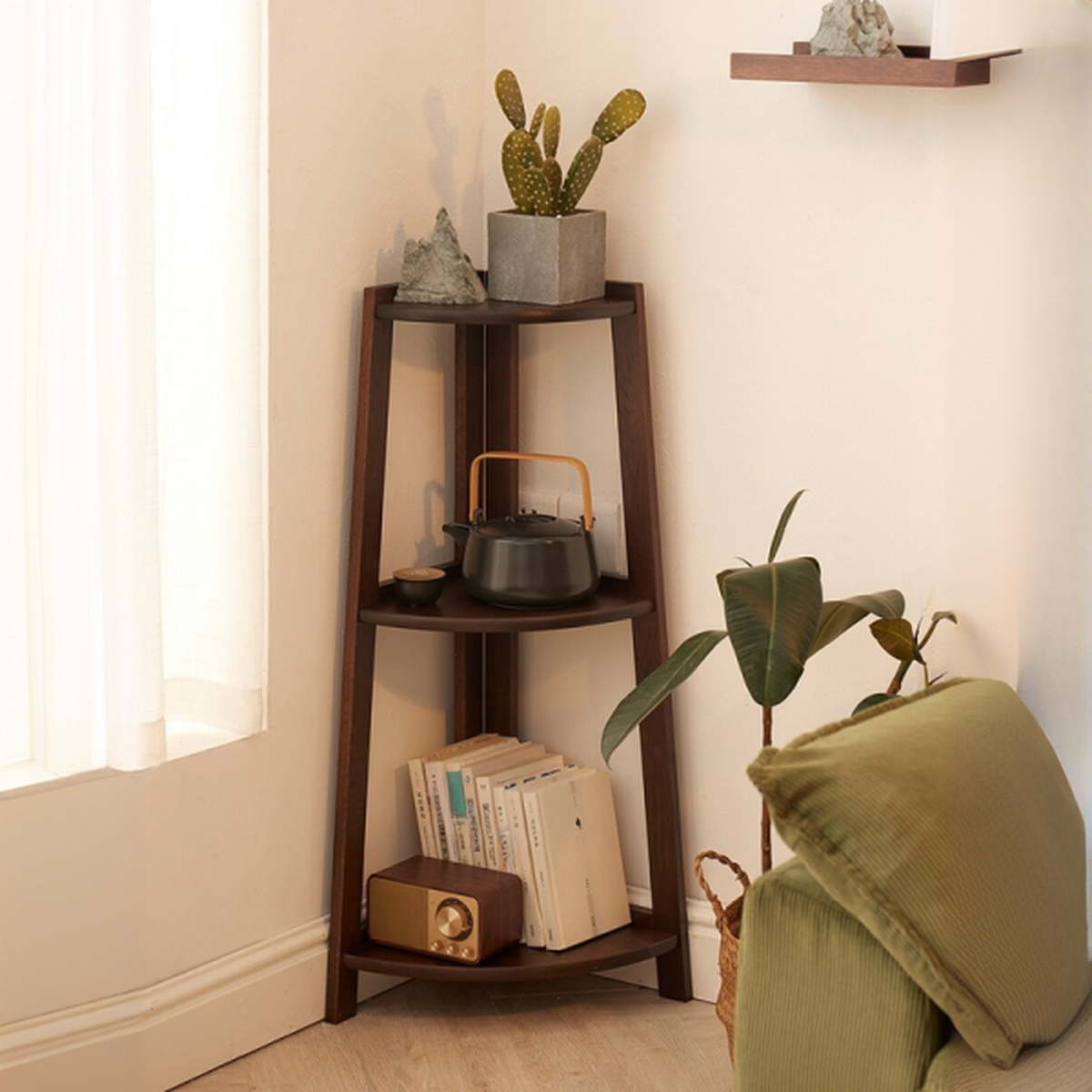 3 Tiers Trilateral Oak Wood Plant Stand Table with 1 Piece Set, 3 Shelves, Legs Base, and Stain-Resistant Finish