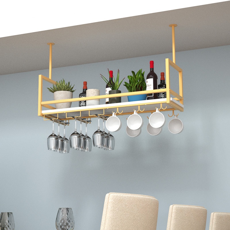 Iron Ceiling Mount Wine Bottle & Glass Rack with Glass Rack Shelf
