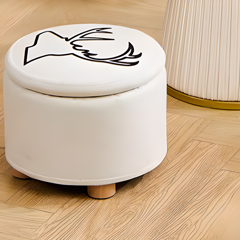 Casual Circular-shaped Solid Colour/Houndstooth Standard Ottoman with Flannel Upholstery in Light Gray/Light Green/Tan and Lift-Off Lid Storage, Removable Cushion Cover