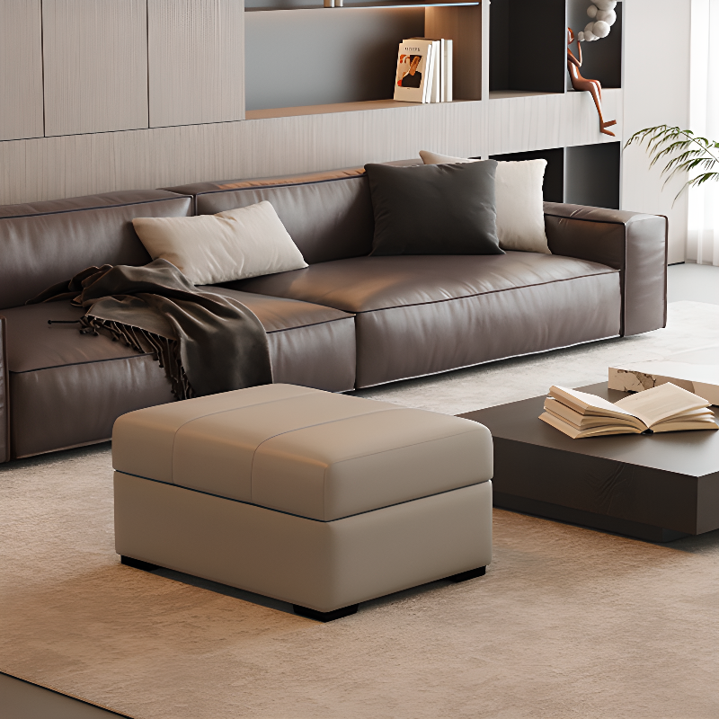 Light Gray/Beige Casual Rectangular Solid Colour Storage Ottoman in Genuine Leather with Container