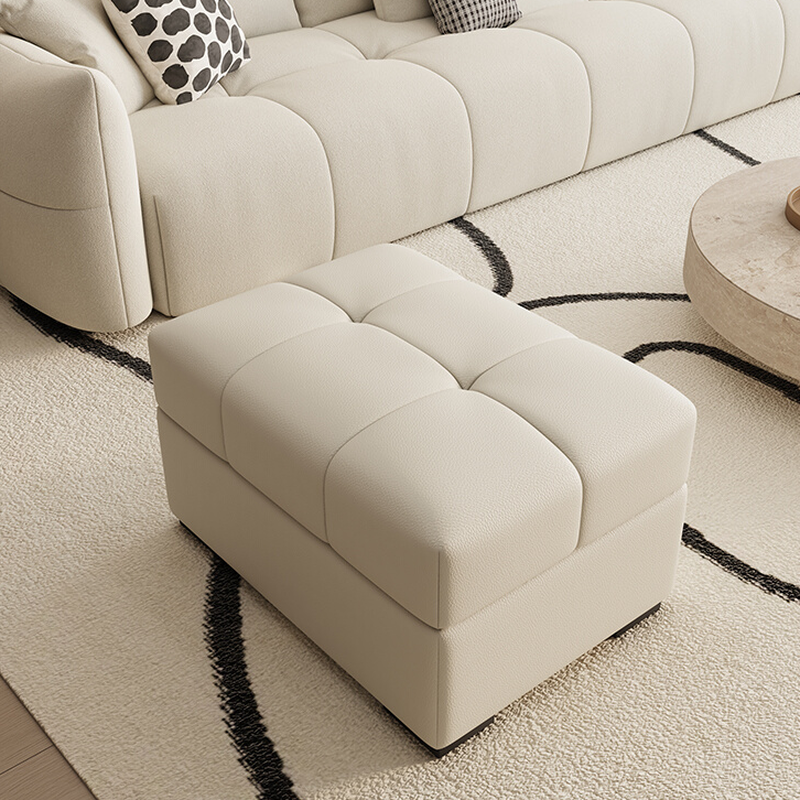 Casual Rectangular Solid Colour Storage Ottoman with Genuine Leather Upholstery, Container Storage, and Decorative-Stitched Tufting