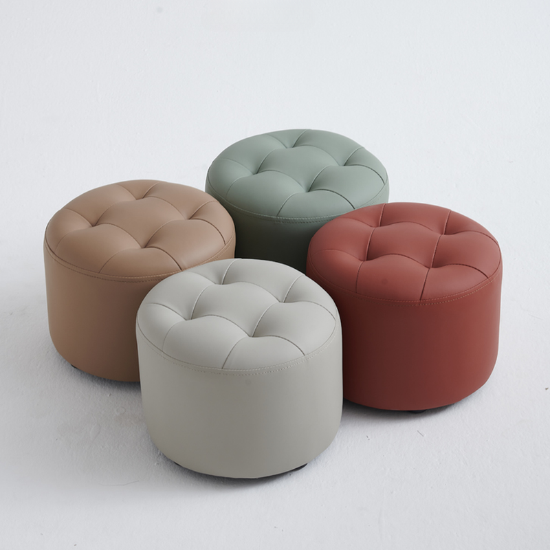 Dark Gray/Aqua/Olive Green Casual Circular-shaped Solid Colour Footstool/Standard Ottoman in Genuine Leather with Decorative-stitched Tufting