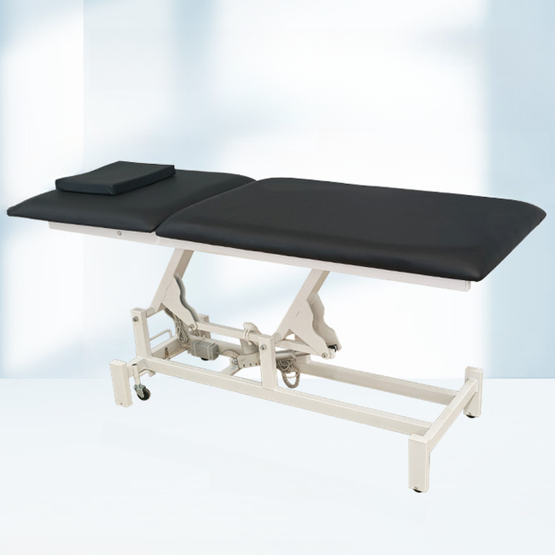 Massage Bed in Midnight Black with Metal Base, Multi-levelled Height Adjustment, Caster Wheels, Rectangular Top, and Trestle Base