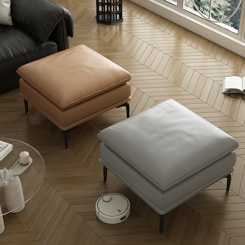 Casual Rectangular/Square Solid Colour Standard Ottoman in Genuine Leather with Ink/Light Gray/Orange Upholstery