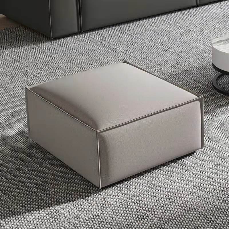 Casual Square Solid Colour Standard Ottoman in Faux Leather with Light Gray/Light Yellow/Beige Upholstery