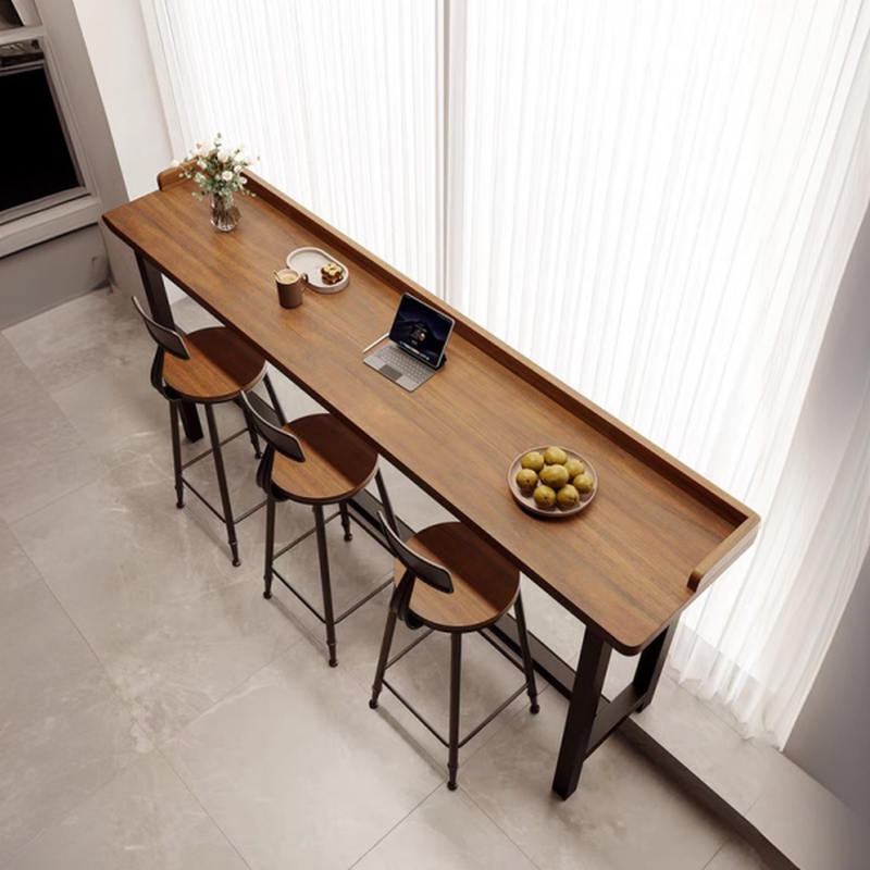 Modern Timber Pub Table with Trestle Base for 8, Tan Rectangle with Foot Platform