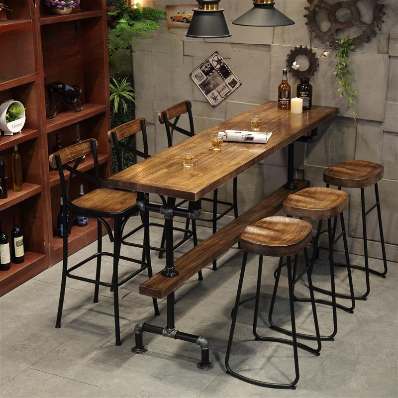 Rustic Brown Reclaimed Pine Bar Table with Foot Pedestal, Metal Legs