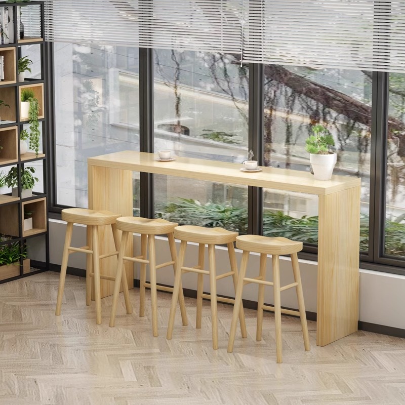 Modern Pub Table with Timber Top and Twin Support Base in Unfinished Colour, Rectangle Shape