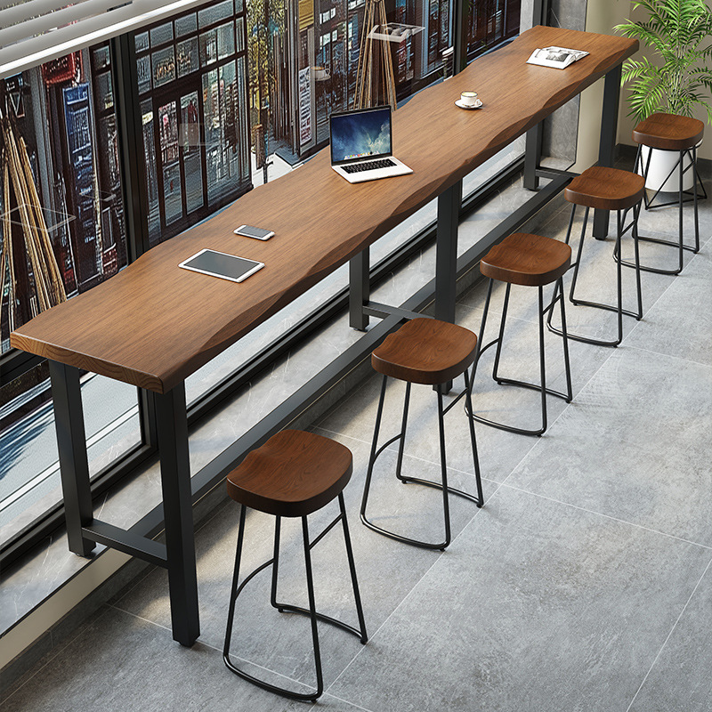 Modern Pub Table with Pine Wood Top, Trestle Base, Cocoa Colour, Rectangle Shape, and Foot Platform