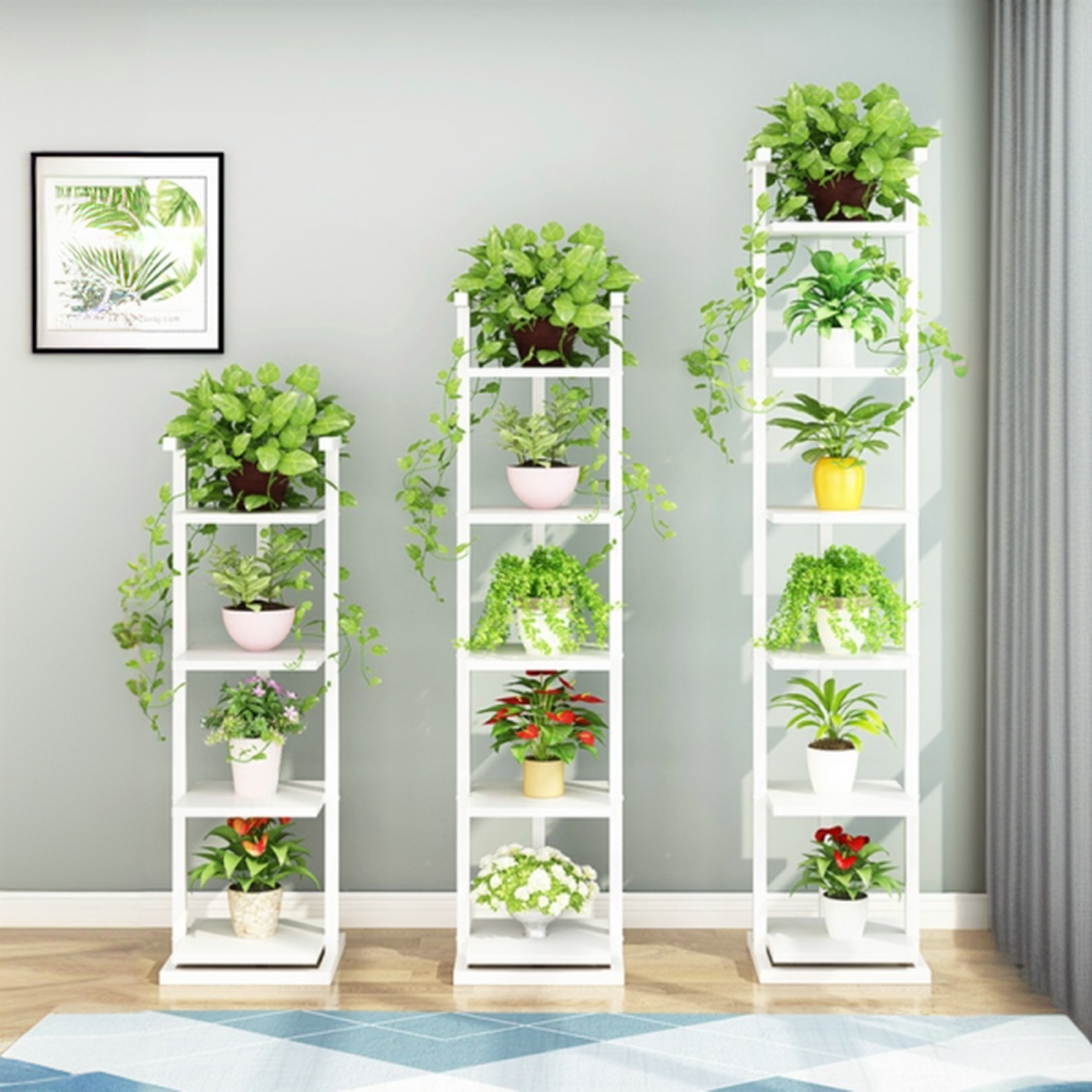 6 Tiers/4 Tiers Rectangle Wooden Plant Shelf with 1 Piece Set and 5 Shelves/4 Shelves, Outlined Base