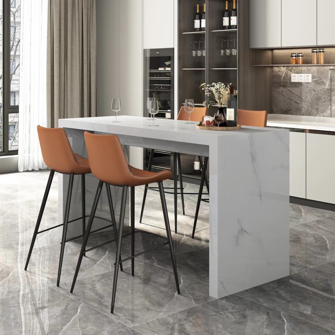 Modern Marble Pub Table with Twin Support Base in Chalk Colour, Rectangle Shape