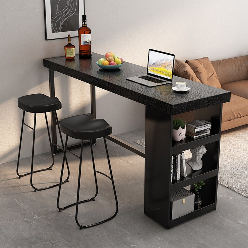 Modern Pine Wood Pub Table with Trestle Base in Matte Black, Stockroom Storage, Rectangle Shape with Foot Platform