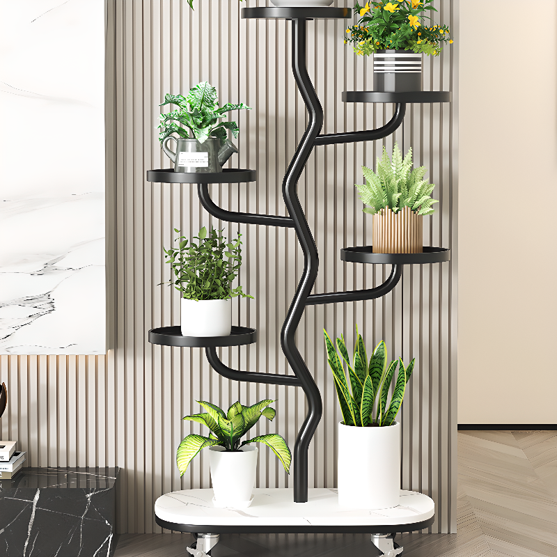 Orbicular Multi-Level Steel Plant Shelf with 6 Shelves and Roller Wheels