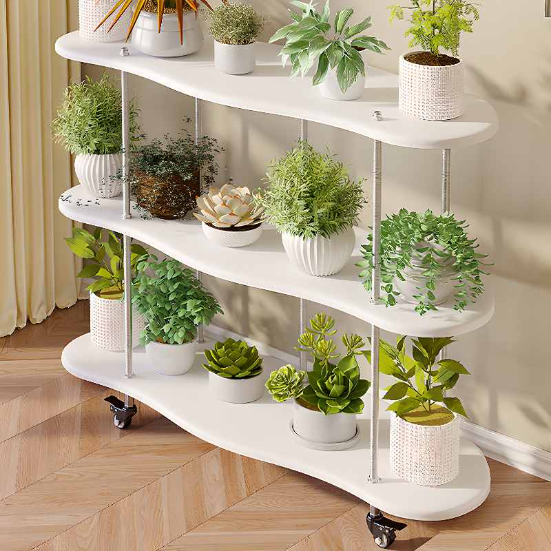 3 Tiers Engineered Wood Plant Shelf with 3 Shelves, 1 Piece Set on Roller Wheels