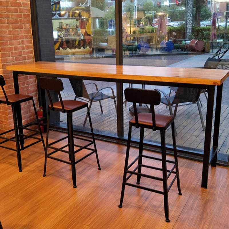 Modern Pub Table with Timber Top and Trestle Base in Tan Rectangle with Foot Platform